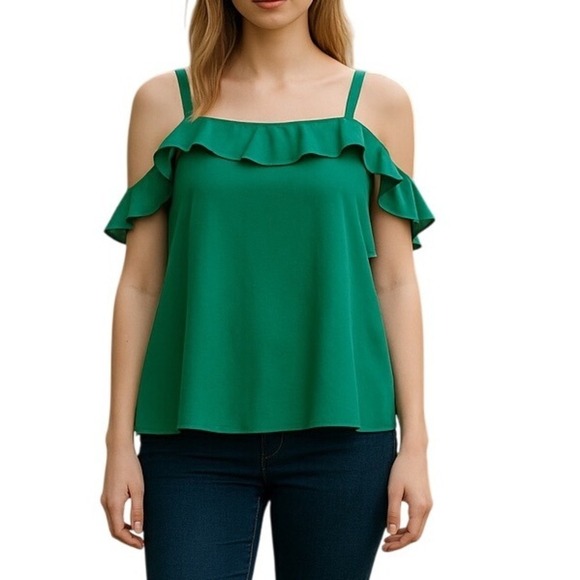 Joie Tops - Joie Green 100% Silk Ruffle Cold Shoulder Flutter Sleeve Blouse Top Medium